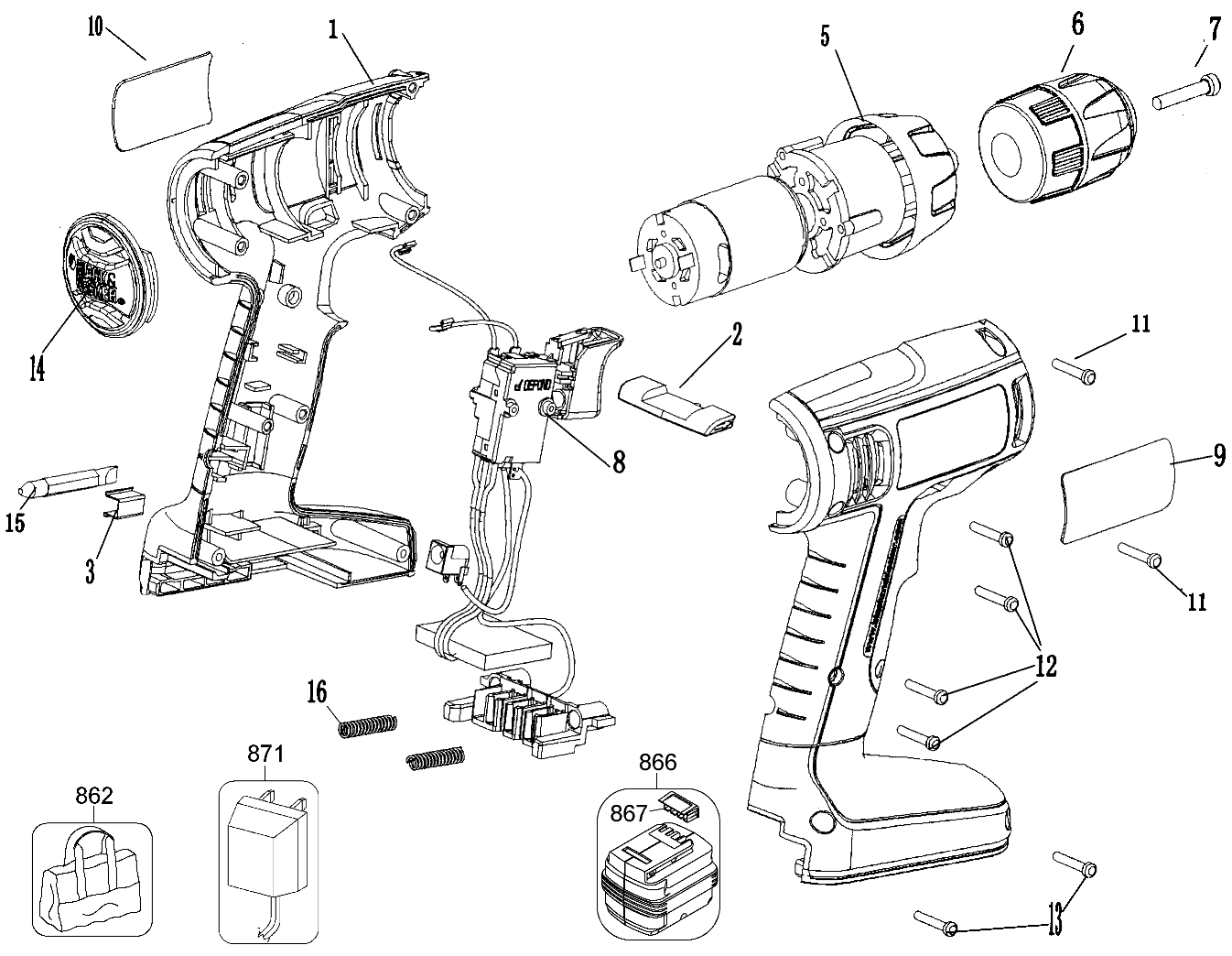 Default Diagram and Parts List for CDC18SB-2 Type 1 Black and Decker Boring Machine
